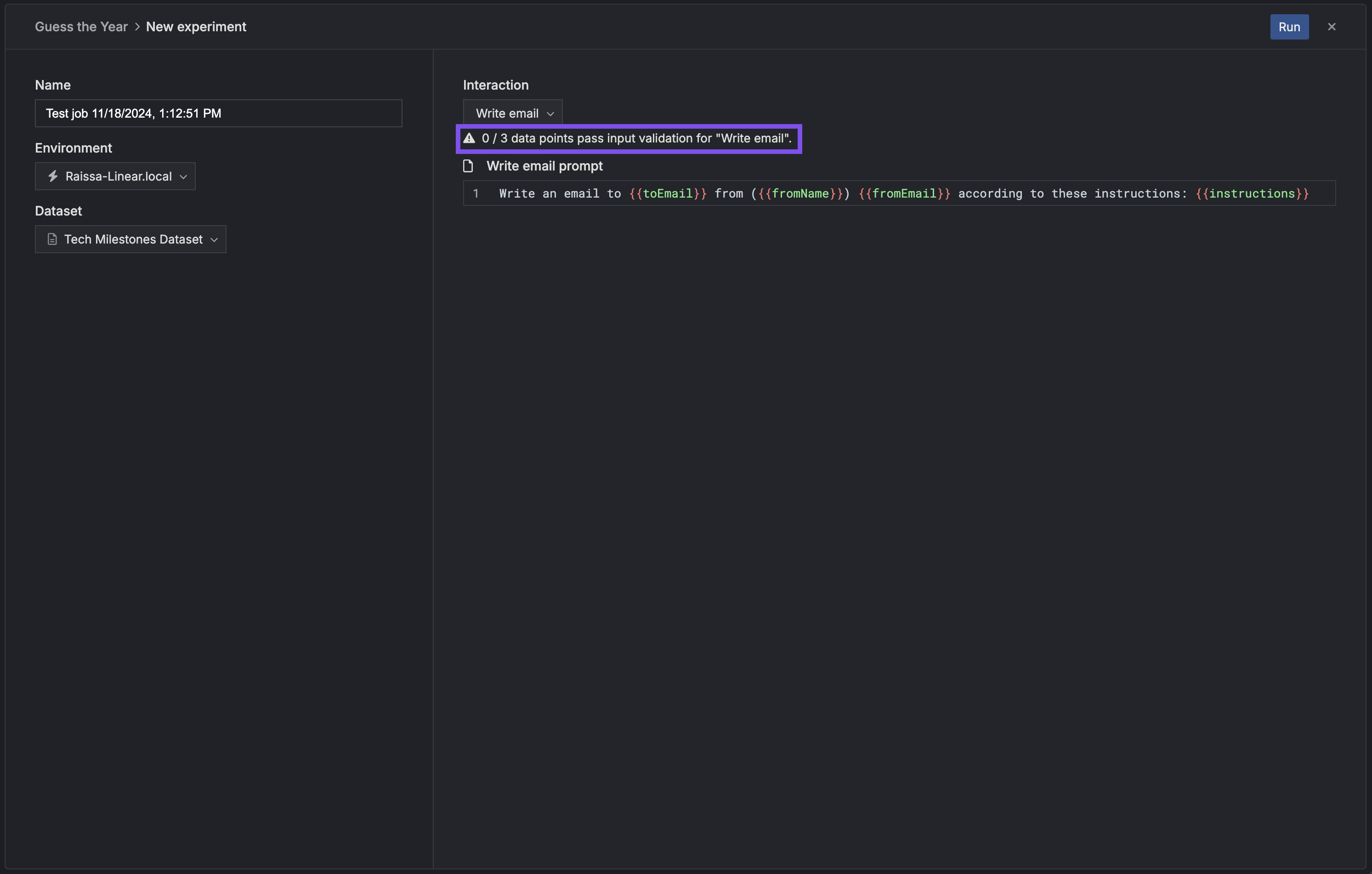 Mismatched dataset failing validation