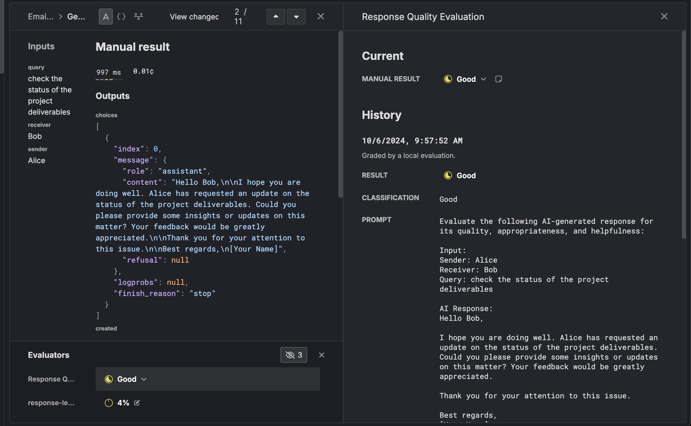 Local evaluations in evaluation view